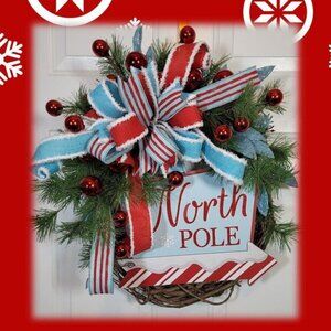 Blue/Red North Pole Wreath, North Pole Wreath w Pine and Red Balls, Hand Crafted